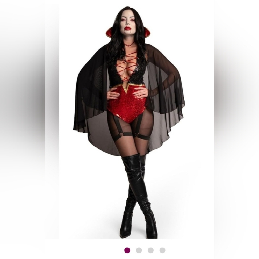 Red and Black Sequin Bodysuit with Sheer Cape